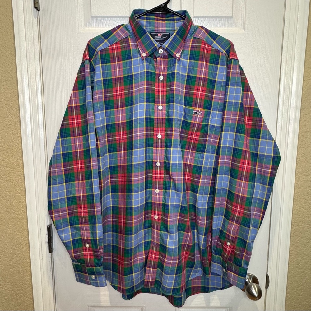 Vineyard Vines Whale Slim Fit Tucker Mens XL Red Blue Long Sleeve Button Down